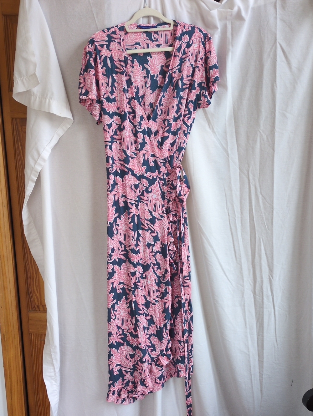 Pink Floral Wrap Midi Dress - Navy Base
